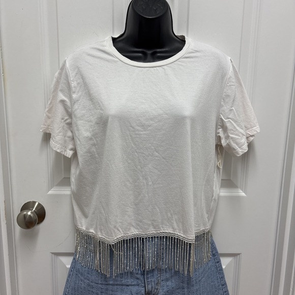 Joie Tops - Joie White Cotton Cropped Sequin Crop Short Sleeve‎ Top - Size Large